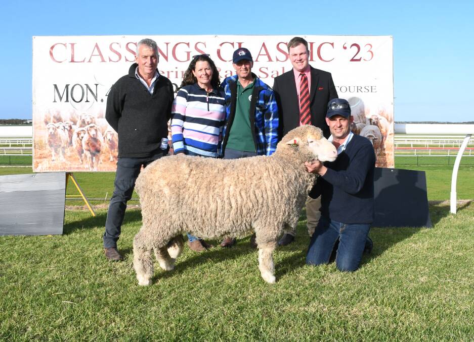 Classing Limited's Bill Walker, buyers of the $16,000 Willera ram held by principal Simon Coutts, Serpentine, Vic, Calcookara's Jane and Brenton Smith, and Elders stud stock's Alistair Keller.