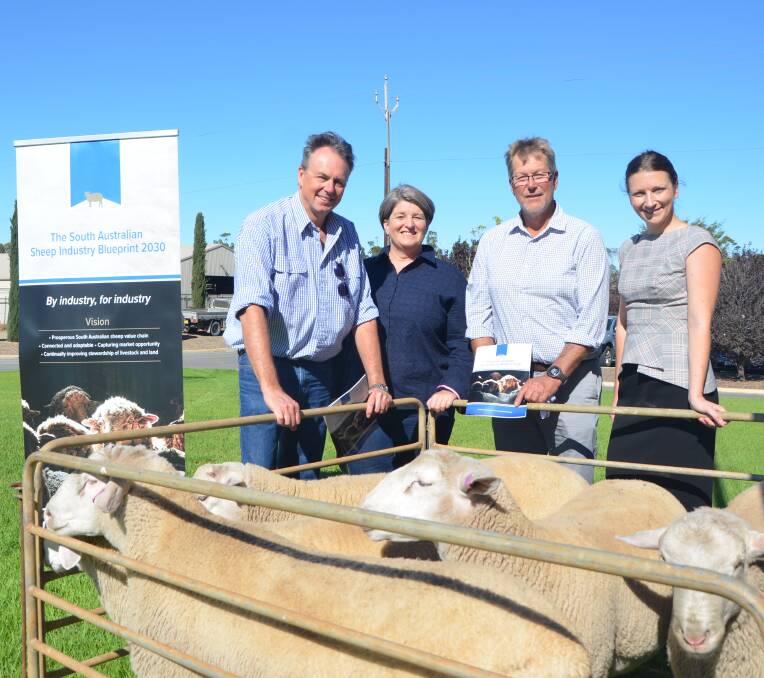 Sheep Industry Blueprint chair Jane Kellock (second from left), Blueprint Working Group members Wayne Pitchford and Livestock SA president Joe Keynes, and MLC Nicola Centofanti at the launch of the SA sheep industry's new ten-year plan.