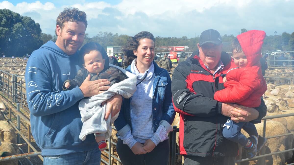 MALLEE MOB: Having a family day at the Murray Bridge Merino ewe sale were Daniel Densley and partner Lisa Smith, with children Blake and Kenneth and their grandpa Ivan Smith.