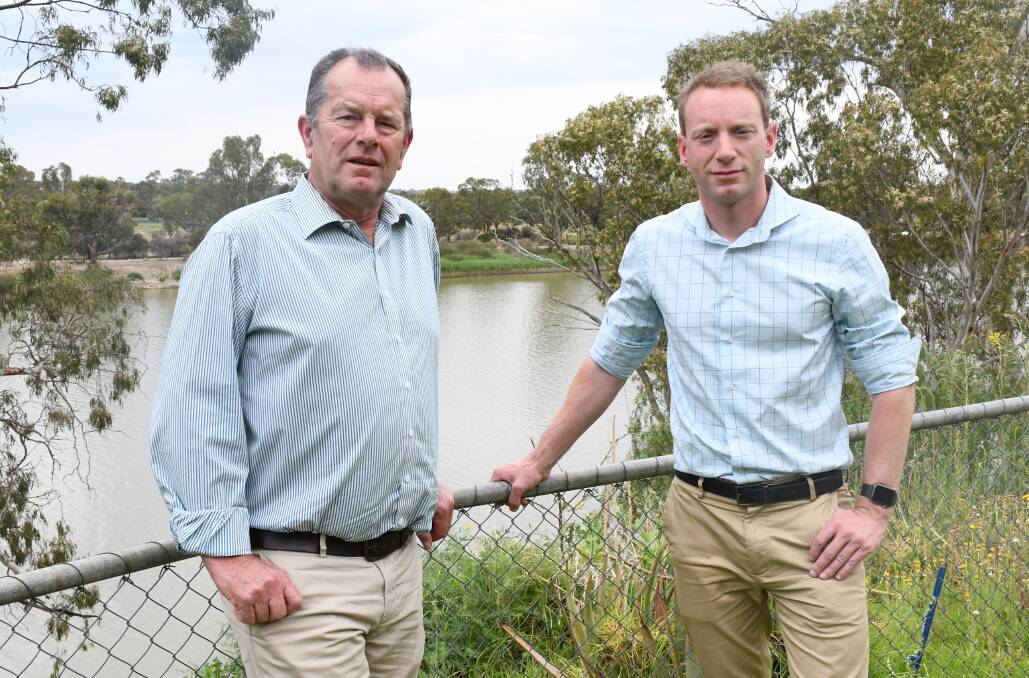 Member for Chaffey Tim Whetstone and SA Liberal leader David Speirs at Swan Reach. The pair believe the use of water buybacks in the delivery of the Murray Darling Basin Plan will lead to negative outcomes for regional communities. Picture by Quinton McCallum