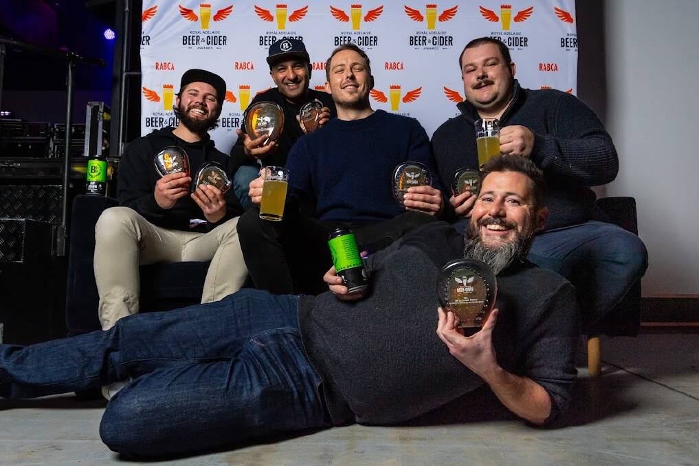 Winners were grinners at the Royal Adelaide Beer and Cider Awards. Barossa Brewing's Matthew Barr and Denham DSilva, Barossa Cider's Oscar and Hugo Bowen, and Barossa Brewing's James Collison (front) celebrate the swag of awards picked up by the two companies. Picture by John Kruger 