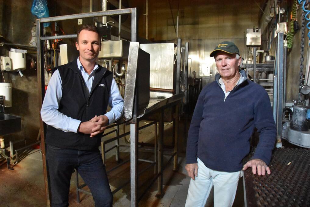 Regional Development Australia Adelaide Hills, Fleurieu & KI regional development manager Stephen Shotton and Strathalbyn abattoir owner Terry Steed discussing the plan to re-open the facility.