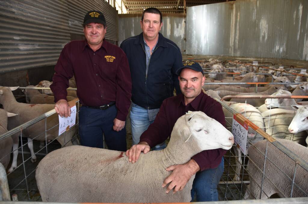 Duenclin's Duane and Clinton Huxtable, Perponda, with return local buyer Peter Leedham, Kaylan (centre) and the lot one White Suffolk ram bought for $2600.