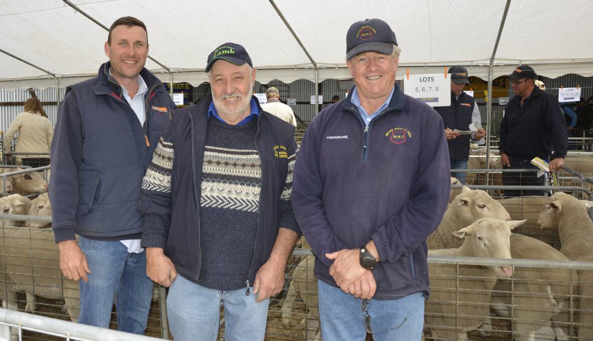 Adam Bradley, Platinum Livestock Keith, with stud principal Ian Carr, and Miller Whan & John livestock agent Mike Newton. 
