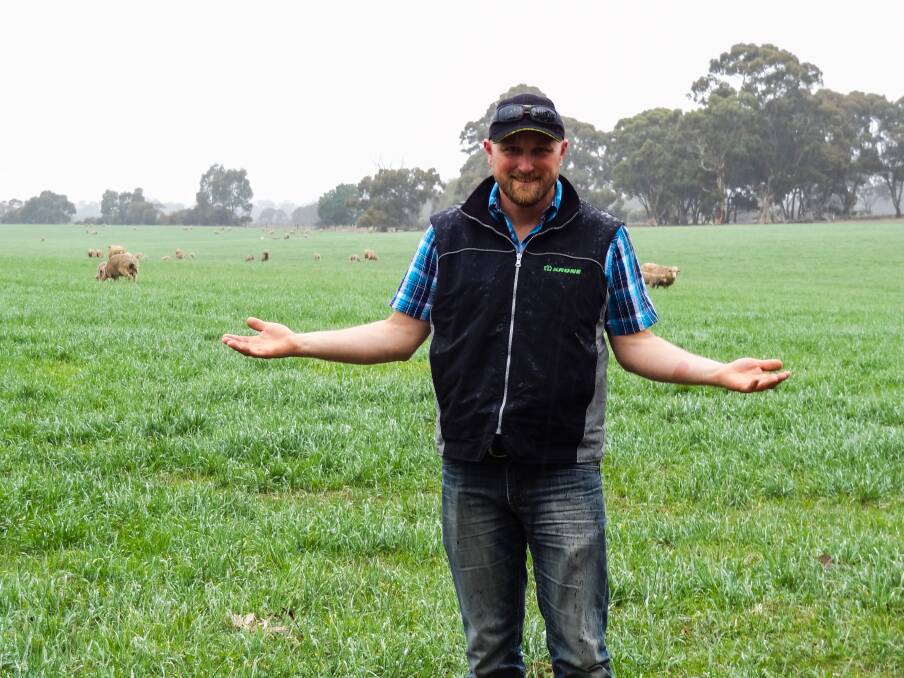 WELCOME BREAK: Travis Cooper, Martindale Farm, Mintaro, welcomes the rain on pastures that feed his Merinos, which are mated to White Suffolks and Merinos.
