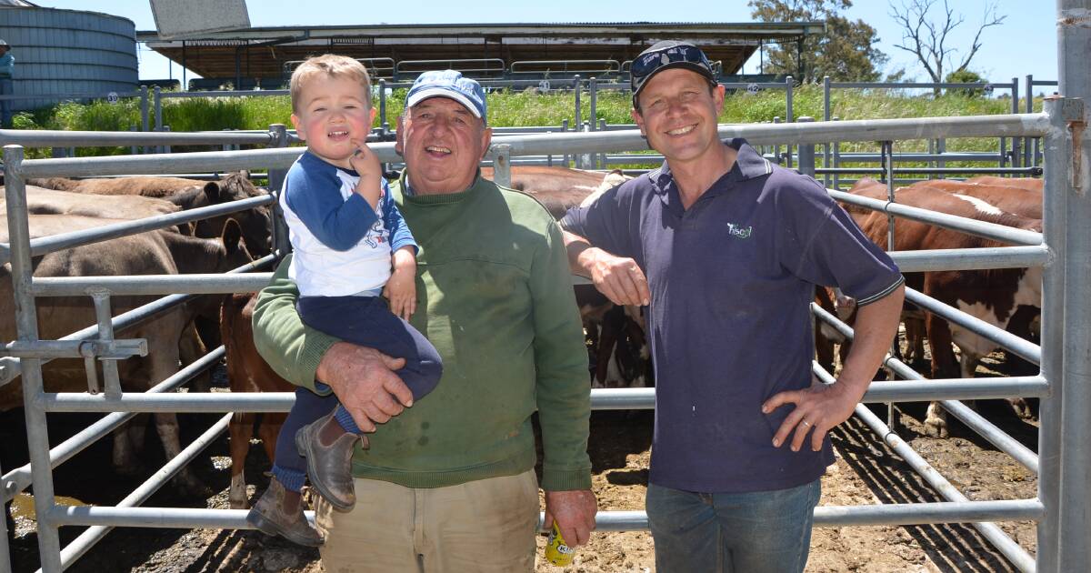 SUNNY DAY: Lachlan Pendergast had a day out at the sale with his grandfather Ray Fiebiger, Keyneton, and Andrew Koch, Moculta, who were selling lambs.