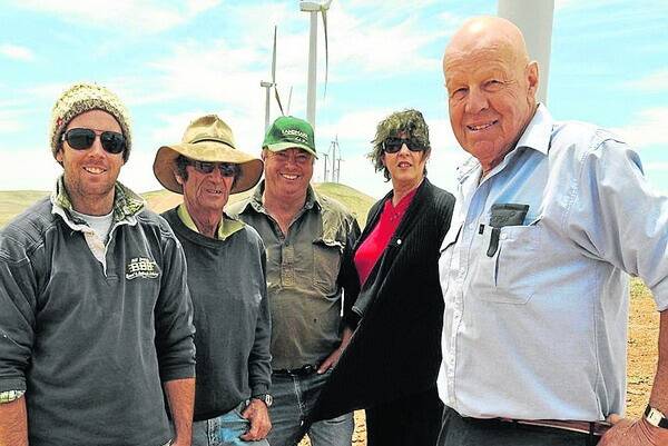 BIG PLUS: Hallett farmers Matt Hale, John Walters, Mark and Debbie Hale, and Rob Ashby, say wind farms have brought a number of benefits to the region and they would like to see more.