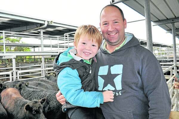 BOY OH BOY: Matt Lucas and his son Ryan, 4, Kongorong, were pleased to receive $625 for 19 Glentanner blood 307-kilogram Angus steers 9 to 12 months. They also sold 11 steers at $505 and 18 Angus heifers at $420.