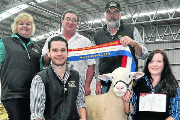 WINGAMIN WOWS: Deb, Clive, Shaun and Caitlin Shillabeer, Wingamin stud, Karoonda, and judge Andrew Donnan, Anden stud, Woomelang, Victoria, with Wingamin s grand champion White Suffolk ram which went on to become supreme exhibit. It was the stud s fifth grand champion ram title in nine years.
