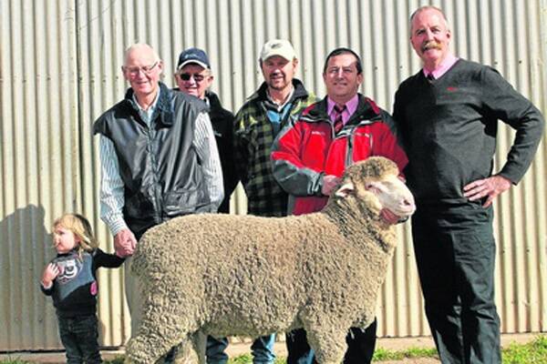 With the $9500  top-price ram at Orrie Cowie are principal  Dennis Dalla and his granddaughter  Asha; purchasers David and Gavin Reade,  Curramulka; Elders Wool representative  Andrew Dennis holding the ram; and Elders  auctioneer Tom Penna. The yearling ram  weighed 98 kilograms.