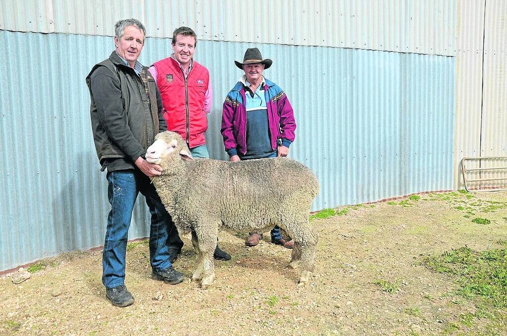 RETURN BUYERS: At the Limevale principal Gavin Adams, Elders Broken Hill district wool manager Lachlan Sutton, and buyer Bert Edwards, Devon Station, Broken Hill, with the top-price ram.