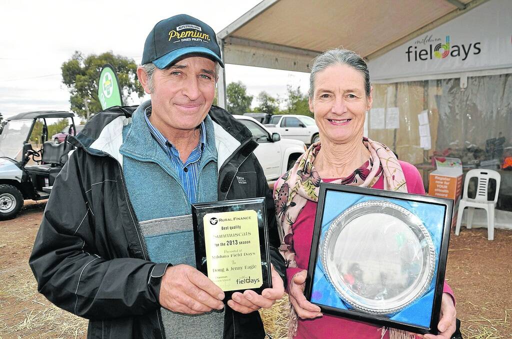 HARD WORKERS: Jenny and Doug Eagle, Coomealla, were awarded prizes for the excellent quality of the dried fruit they produce on their Sunraysia fruit block at the 2013 Mildura Field Days.