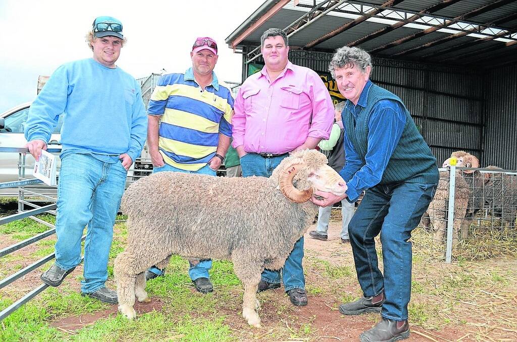 WOOL MARK: The $3000 top price ram at Stuart Everett's (right) Lone Gum on-property sale was bought by Angus Richardson and his father Mark, Boothby Downs, Culburra. They are pictured with Elders Tintinara agent Dave Whittenbury.