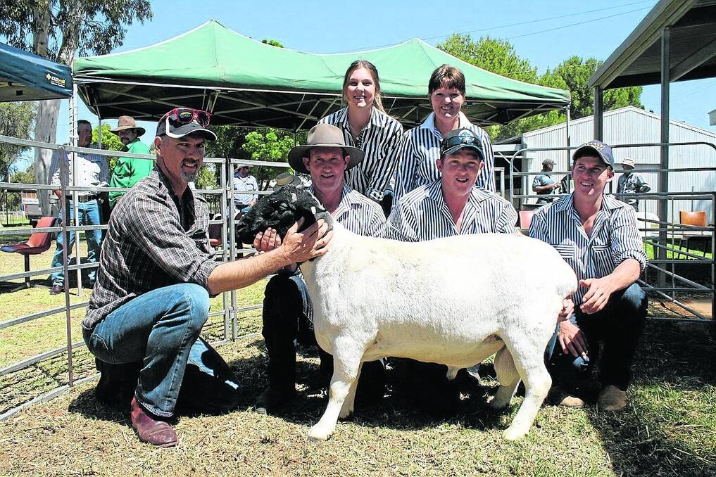 STATION ORDER: Phil Baird, Oakbank Station via Wentworth, NSW, who bought the $2050 top-price ram from the Cullinan family's Kelleen Dorper stud, Wentworth, NSW with the Cullinans Mark, Luke, Ben, Tiffany and Julie.
