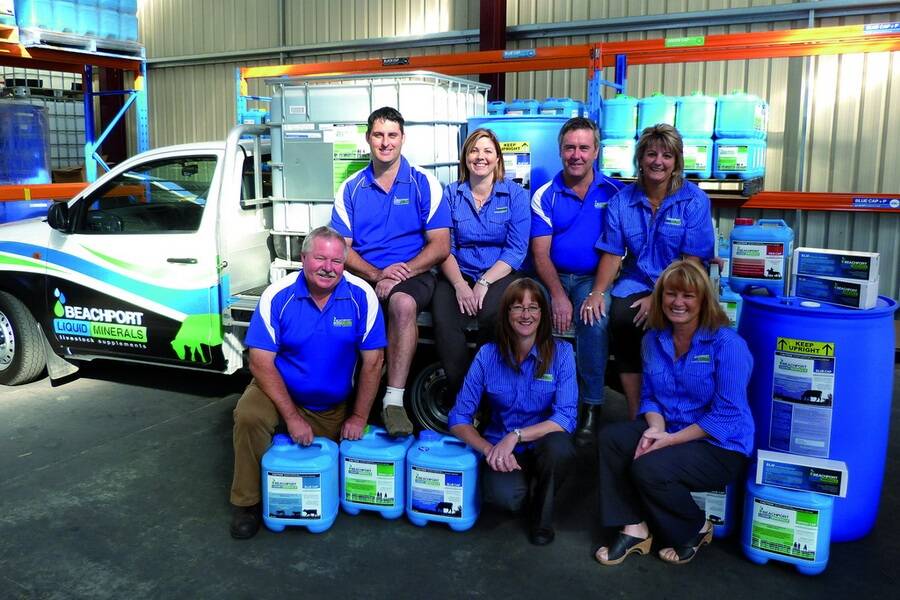 BUSINESS BOOM: Beachport Liquid Minerals has had an excellent 18 months. Pictured are staff (back row) Ryan Nicholson, Kelly Nicholson, Kym Sutherland, Chris Sutherland and, in front, Graham Crowder, Colleen Tilley and Di Slarks.