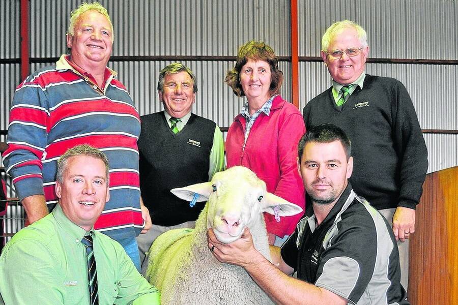 TOP RAM: Mary Burzacott, Richmond Park stud, Robe bought the $6000 top-price White Suffolk stud ram at the Burwood dispersal sale from stud principal Ian Pfeiffer (back left). They are with the Landmark team  Gordon Wood (front left), Malcolm Scroop and Graeme Hampel and (holding the ram) Nick Lawrence, Bordertown.