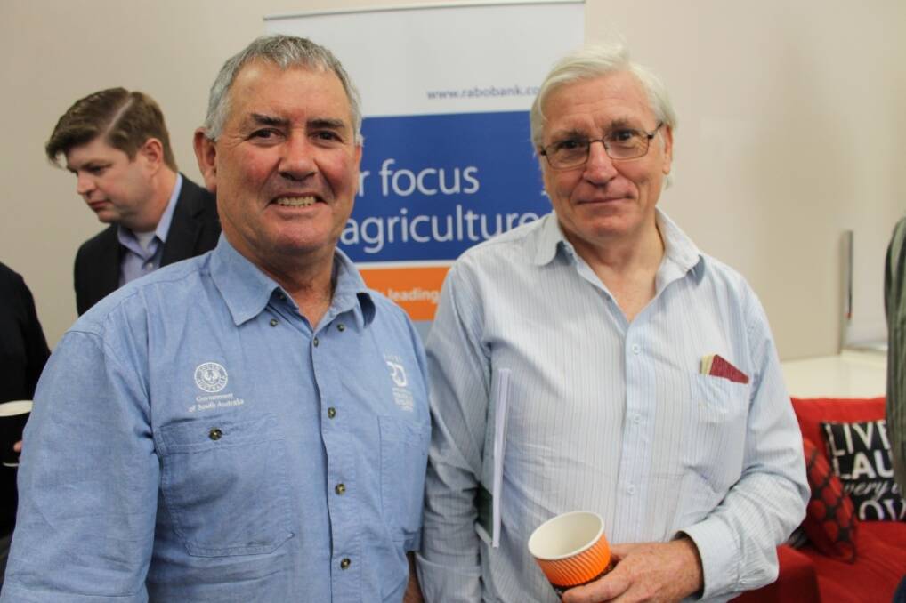 SARDI National Variety Trials SA manager Rob Wheeler with Glenn McDonald, University of Adelaide. Mr Wheeler was a guest speaker at the seminar and gave an update on the top performing varieties in SA.