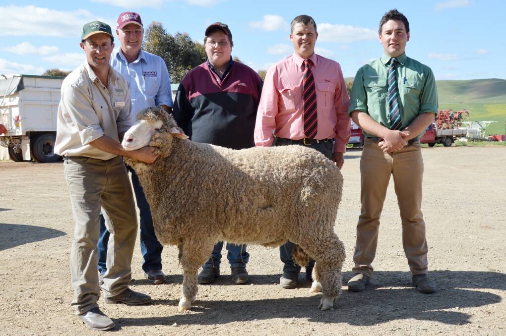 Springvale North stud principal Peter Stockman, Quality Livestock's Jeff Becker, Wudinna, Ryan Hutchings, AD Hutchings & Co, Minnipa, Elders Burra's Chris Rains and Landmark's Murray Bullen with the $3000 ram, selected by the buyers for his big frame.