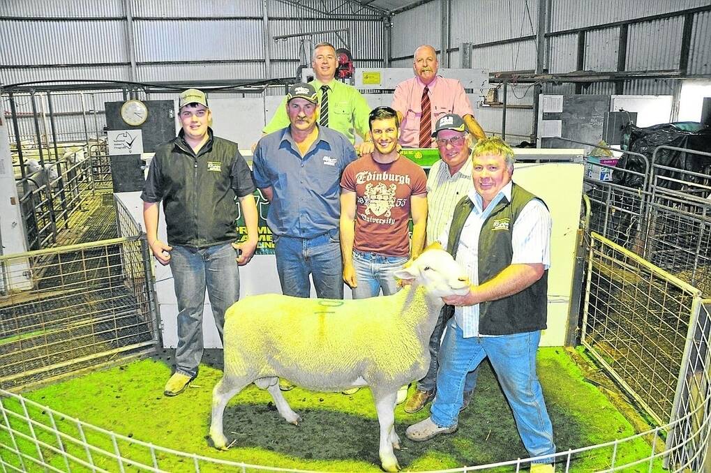 Landmark’s Gordon Wood and Elders’ Tom Penna (back) with Anna Villa’s Cameron Ferguson, Hill Livestock Services’ Peter Hill, top price buyers Samuel and Wayne Young, and Anna Villa’s Anthony Ferguson holding the top White Suffolk ram.