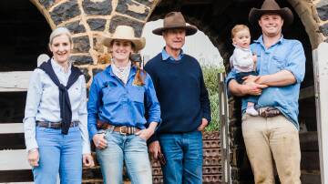 LONG PROUD LEGACY: Hazeldean Angus and Merino studs' Jim and Libby Litchfield, with daughter Bea Litchfield, son-in-law Ed Bradley and grandson Stirling. Photos by Camilla Duffy Photography.