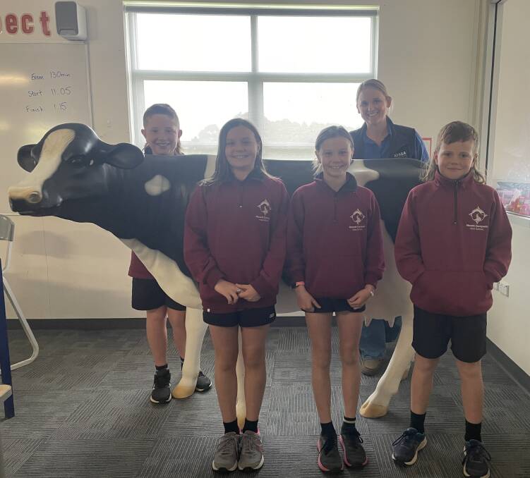 Mount Compass Area School years 6 students Koby Shute, Mikayla Ledgard, Ava Ledgard and Colby Endersby with agriculture teacher Kiara Edwards. Picture by Kiara Stacey.