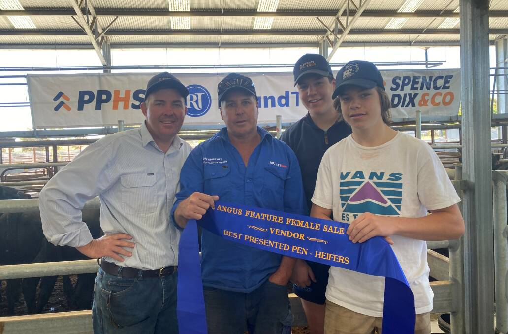 BLUE RIBBON: Spence Dix & Co's Mark OLeary, Naranga Pastoral Co's Tim Saint and his sons Jack and Harry. Photo: Supplied.