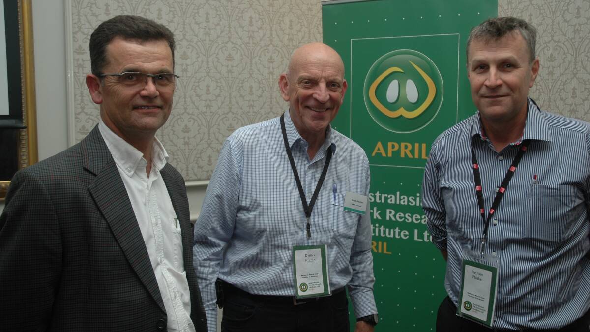 APRIL CEO and chief scientist Prof John Pluske (right) described an ARC grant provided for research into pig stress as significant, with improving pig welfare a hot button issue in the Australasian pork industry. He was pictured in Melbourne at the recent APRIL stakeholders’ day with APRIL manager commercialisation and research impact Dr Charles Rikard-Bell and APRIL chairperson Dennis Mutton.