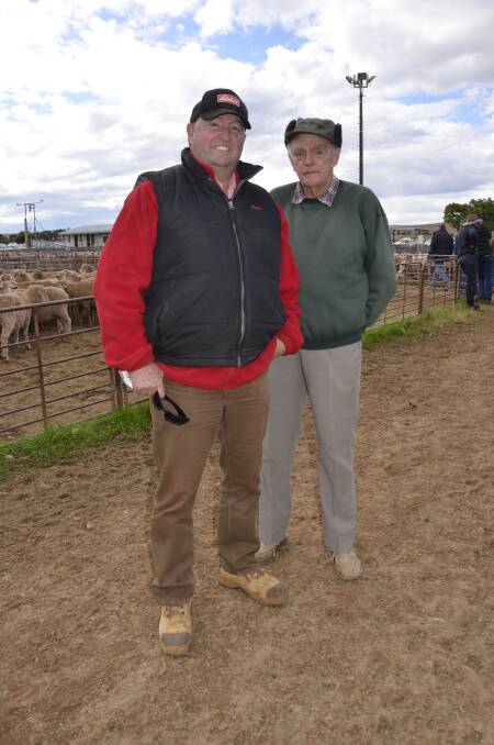 Elders Dublin/Yorke Peninsula livestock manager Matt Ward and Willowie farmer Don Greig. Mr Ward was still smiling after selling 61 mature age wethers at Dublin recently for $190. The wethers were February shorn, came in from Richard Germein, Minlaton and were bought by Thomas Foods International.