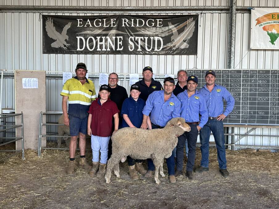Lot 9 buyer Everglen Ag's Wayne Hodge with sons Kaden and Cooper, Eagle Ridge stud principal Paul Webb, Eyre Peninsula Livestock's Richard Hill and Matt Brown, Quality Wools' Lawrence Seal, EP Livestock's Hayden Cupple and Scott Masters. Picture supplied