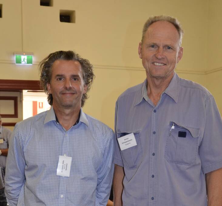 PRE-SEEDING FORUM: Durum breeder Jason Able and Syngenta field biologist Gereon Schnippenkoetter at the Southern Australia Durum Growers Association forum.