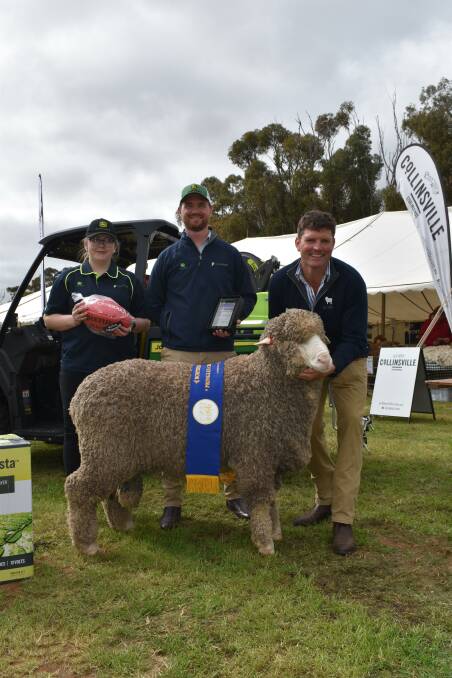 Pringles Crouch sales consultant Jasmine Ewing and regional manager Nick Heath with the winning ram Yellow 530 from Collandra North held by stud principal Sydney Lawrie. Picture by Kiara Stacey