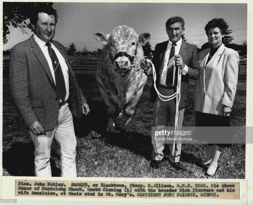 Owner of Mandalong Chock, Scott Cluning with the breeder Rick Pisaturo and his wife Anneluise, at their stud in St. Mary's. August 29, 1986.