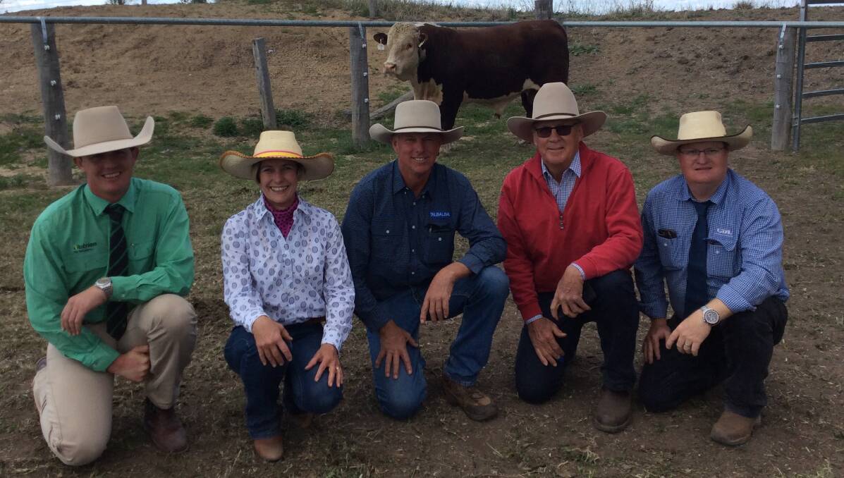 Simon Booth, Nutrien Livestock, Deb and Steve Reid, buyer Graeme Newnham, Delungra, NSW, and Mark Duthie, GDL, with the top priced $100,000 bull Talbalba Emperor PO43.
