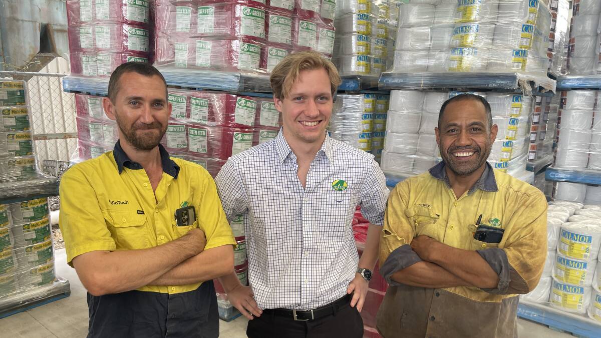 Josh Olsson (centre) with Sam McDowell and Vegas Faaumu at the 4 Season Company factory in Brisbane. Picture Mark Phelps