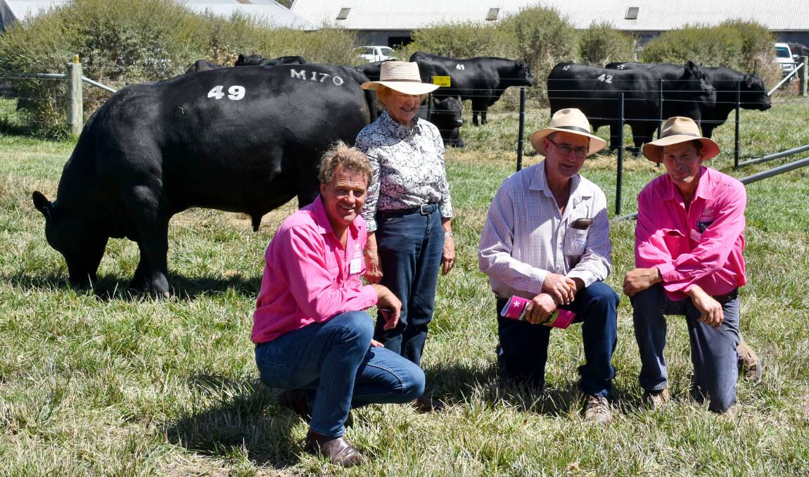 Top price bull buyer Betty Roche (second from left), Adelong, NSW, with Te Mania's Tom Gubbins, Brian Unthank Rural's Gerard Ryan, Albury, NSW, and Te Mania's Hamish McFarlane.