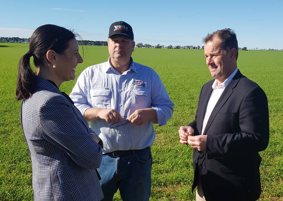 GPSA chief executive officer Caroline Rhodes, YP graingrower Mark Schilling and Primary Industries and Regional Development Minister Tim Whetstone discuss the Grain Industry Blueprint at Mr Schilling's Cunliffe property.