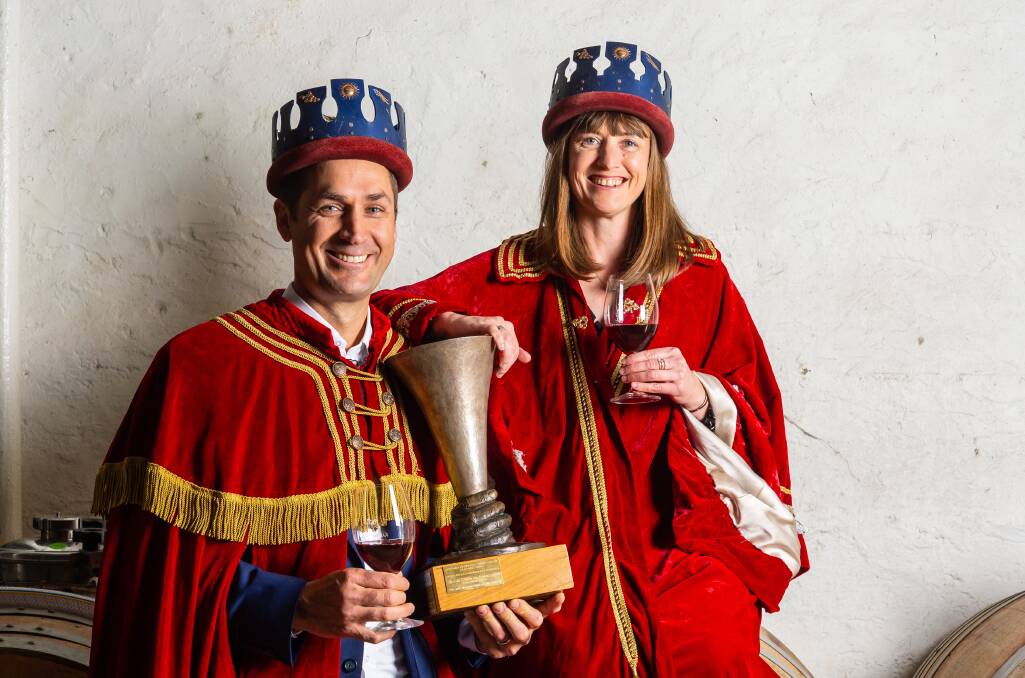 Chalk Hill Wines director Tom Harvey and winemaker Renae Hirsch celebrate being crowned 2020 Bushing Monarchs.