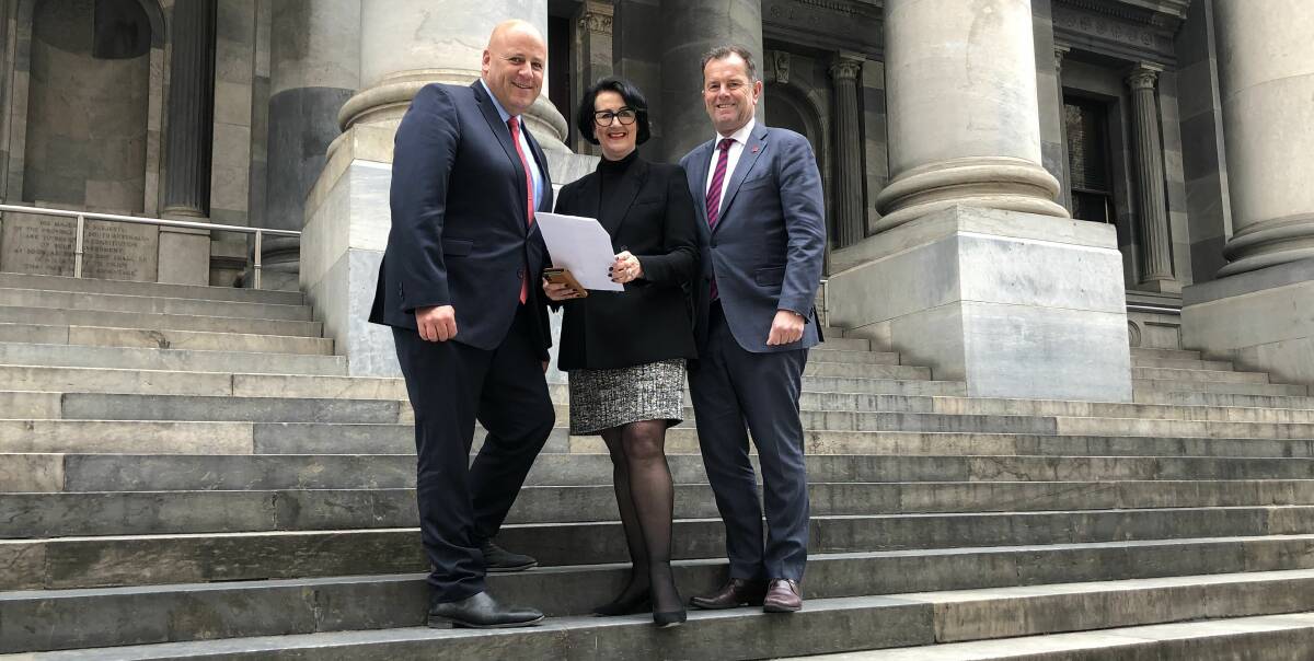PROTECTION PUSH: Member for Finniss David Basham, Attorney-General Vickie Chapman and Primary Industries Minister Tim Whetstone discussing how to strengthen trespass laws to protect SA farmers on the steps of Parliament House last year.