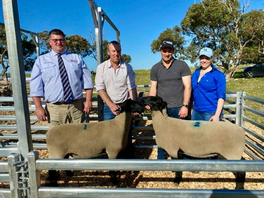 Quality Livestock's David Whittenbury, Telpara stud principal Anthony Pearce holding lot one, which sold for $8500 to WarraJ Suffolks, and top price buyers Mark Lamborn and Tahlia Christie, Caralma Black Simmentals, with their $9000 lot two.