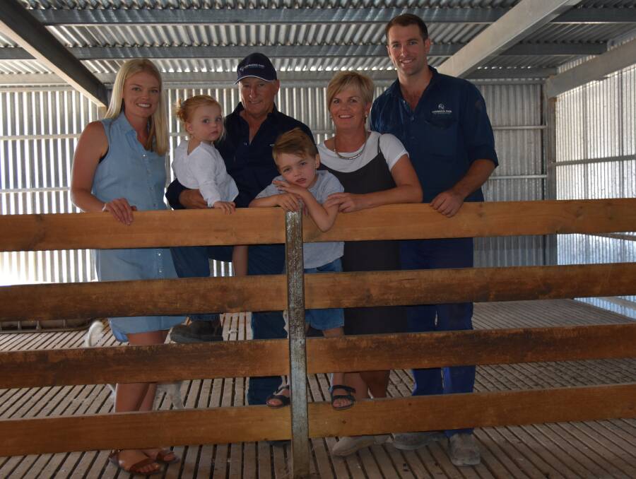 FAMILY TIME: Chelsea, Lara, Bert, George, Barb and Dion Woolford in the Solomon shearing shed.